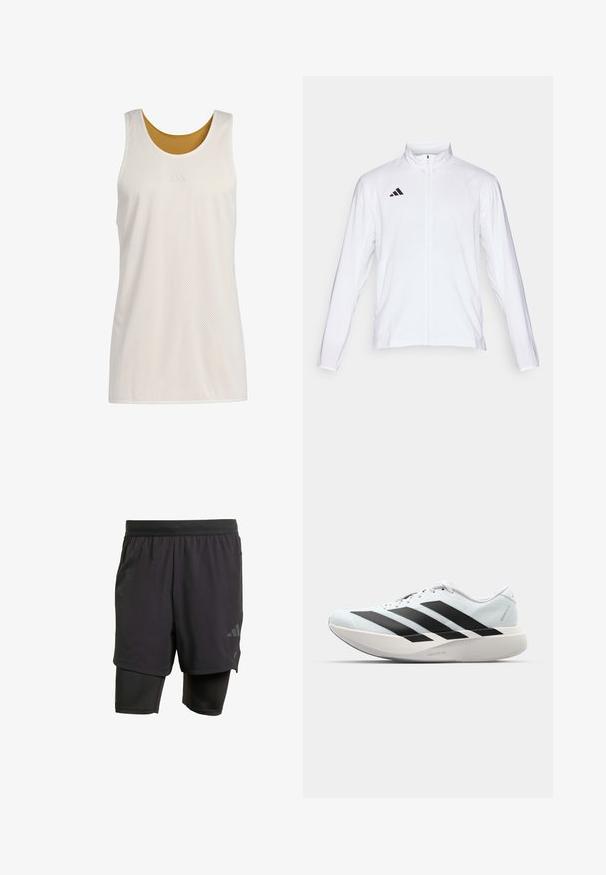 Balta sporta jaka ar garām piedurknēm, augstu apkakli un pilna garuma rāvējslēdzēju. Uz augšējās kreisās puses ir melna trīslīniju logo.; adidas Performance SELECT REVERSIBLE WARMUP - Tops - off white; Melni sporta šorti ar iebūvētu iekšējo slāni, izgatavoti no elpojoša auduma. Iekļautas diskrētas logotipa detalizācijas un strukturēta tekstūra. Regulējama jostasvieta.; Gaiši zili vieglie skriešanas apavi ar melniem svītrainiem. Iezīmēti ar gludu augšpusi, apaļu purngalu un biezāko balto vidējo zoli, kurā ir uzraksts "LIGHTSTRIKE PRO."