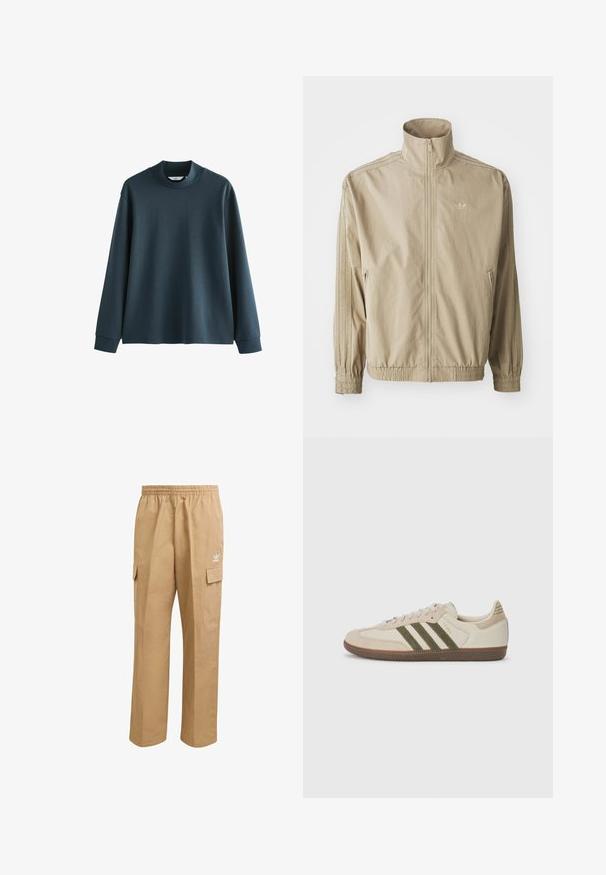 Beige Windbreakerjacke mit hohem Kragen, elastischen Bündchen und Taillenbund. Verfügt über einen Reißverschluss an der Vorderseite und gestreifte Akzente entlang der Ärmel.; Dunkelblaues Langarm-Sweatshirt mit hohem Kragen, aus glattem Material. Hat überschnittene Schultern und gerippte Bündchen. Schlichtes Design, ohne Muster.; Hellbraune Cargo-Hosen mit einem elastischen Bund, zwei seitlichen Cargo-Taschen und einem kleinen weißen Logo am oberen linken Oberschenkel. Glatte Textur.; adidas Originals SAMBA OG UNISEX - Sneaker low - alumina/medium dark khaki/gum