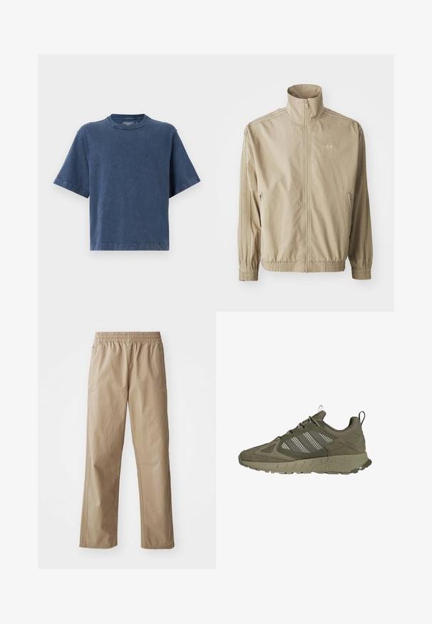 Bežs vēja mētis ar augstu apkakli, elastīgām aprocēm un jostu. Iekļautais rāvējslēdzēja priekšpuse un svītraini akcenti gar piedurknēm.; Kokvilnas T-krekls tumši zilā krāsā ar apaļu kakla izgriezumu, īsām piedurknēm un brīvu piegriezumu. Gluda tekstūra ar līdzenām šuvēm.; Bēgē, viegli, elastīga jostas materiāla bikses ar taisnām kājām. Iekļauj sānu kabatas un smalku šuvju detaļas. Gluda tekstūra, ikdienas dizains.; Olīvu zaļi sporta apavi ar teksturētu augšdaļu, acs paneļiem un trim baltām svītrām. Apaļa zole ar saķeres rakstu.