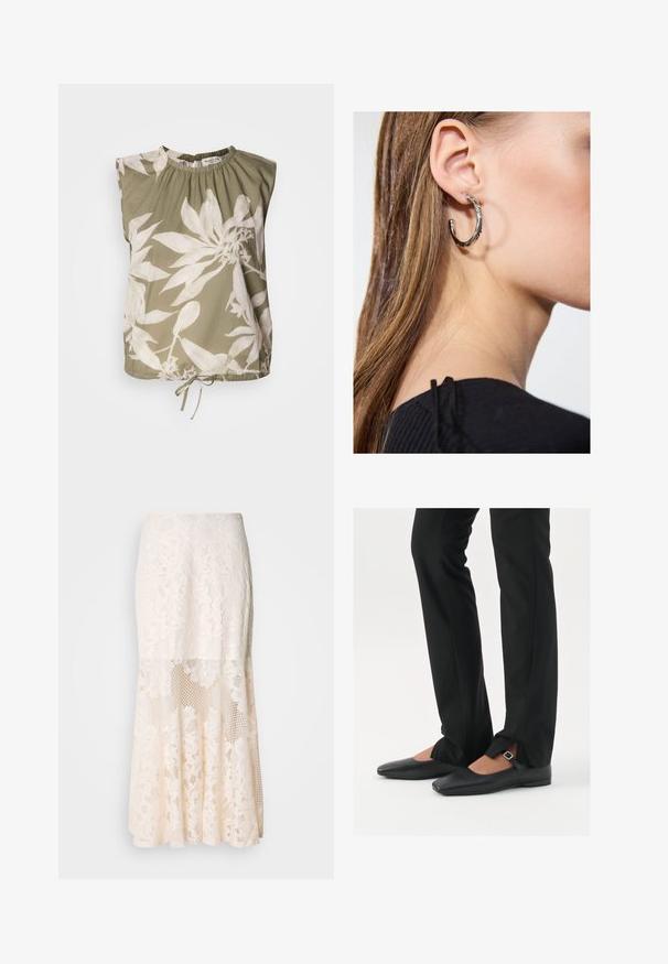 Čierna sako s golierom, vyrobené z mäkkého materiálu. Má štyri predné gombíky, hranatý strih a bočné vrecká.; Olivovo zelený top bez rukávov so zhrnutým výstrihom, s veľkými bielymi kvetinovými vzormi a nastaviteľným viazaním na leme. Mäkka textúra tkaniny.; Kvetinová čipkovaná midi sukňa v krémovej farbe; obsahuje vrstvený dizajn s priesvitnými časťami, textúrovanou čipkou a rozšíreným lemom.; Čierne kožené baletky s špicatou špičkou, remienkom so striebornou prackou, skombinované s čiernymi strihovými nohavicami so rozparkom na leme.; Strieborná kruhová náušnica s lesklým povrchom, obsahujúca malé zlaté akcenty a okrúhly tvar, nosená na lalôčiku ucha.