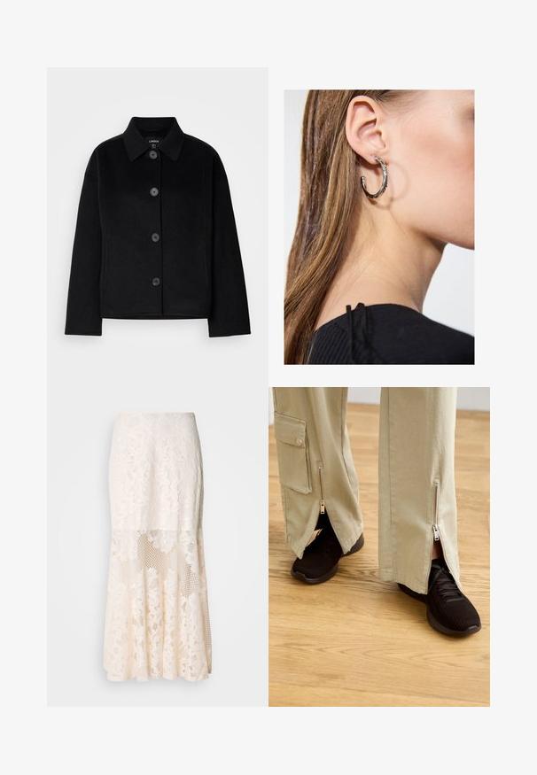 Μαύρο σακάκι με κουμπιά και κολάρο, φτιαγμένο από μαλακό υλικό. Διαθέτει τέσσερα μπροστινά κουμπιά, τετράγωνη σιλουέτα και πλαϊνές τσέπες.; Μαύρη базή φανέλα φτιαγμένη από μαλακό, ελαστικό ύφασμα. Διαθέτει στρογγυλή λαιμόκοψη και φαρδιές τιράντες, με εφαρμοστή σιλουέτα και ομαλή υφή.; Φλοράλ δαντελένια μίντι φούστα σε κρέμα χρώμα; διαθέτει στρωματοποιημένο σχέδιο με διάφανες περιοχές, υφή δαντέλας και φαρδύ στρίφωμα.; Μπέζ παντελόνια με φαρδιά πόδια και φερμουάκια στους αστραγάλους, συνδυασμένα με μαύρα αθλητικά παπούτσια που διαθέτουν υφή στην επιφάνεια και μαλακή σόλα.; Ασημένιο σκουλαρίκι κρίκος με γυαλιστερή φινίρισμα, που διαθέτει μικρές χρυσές λεπτομέρειες και στρογγυλό σχήμα, φορεμένο στον λοβό.