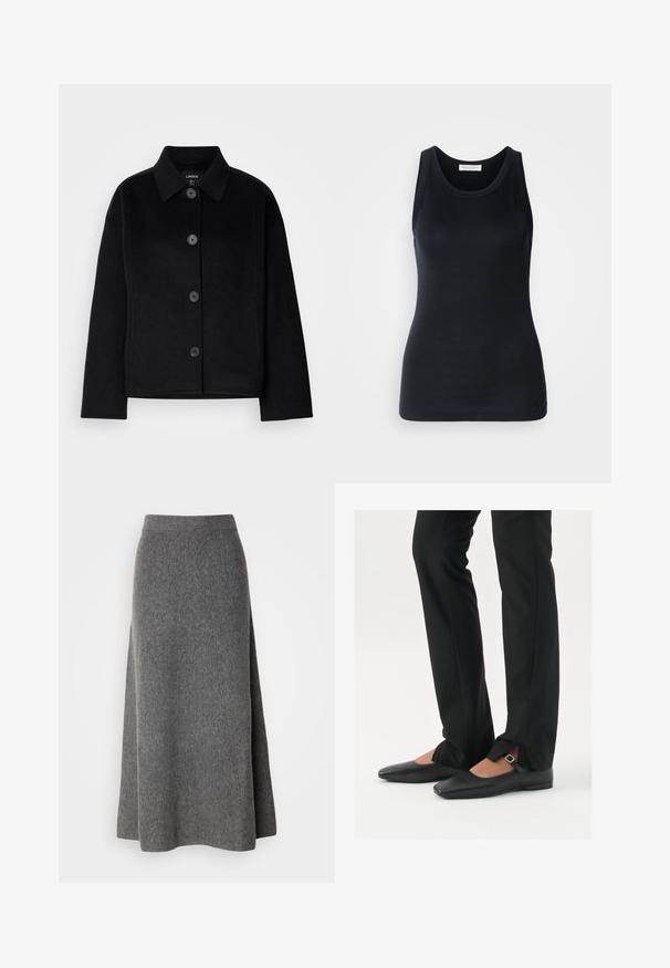 Sort button-up jakke med krave, lavet af et blødt materiale. Har fire frontknapper, en kasseformet pasform og sidelommer.; Sort tanktop lavet af blødt, strækbart materiale. Har en rund halsudskæring og brede stropper, med en tætsiddende silhuet og glat tekstur.; Lindex SKIRT INA - Maxinederdele - dark grey melange; Sorte læder balletflade sko med spids tå, rem med sølvspænde, parret med sorte skræddersyede bukser med slids i bunden.