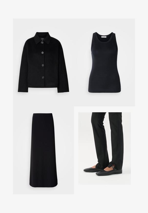 Svart knapp-up jacka med krage, gjord av ett mjukt material. Har fyra framknappar, en boxig form och sidofickor.; Svart linne i mjukt, stretchigt material. Har rund halsringning och breda axelremmar, med en figurnära silhuett och slät yta.; Svart, golvlång kjol i slätt tyg med rak silhuett. Har en enkel, odekorerad design utan synliga mönster eller utsmyckningar.; Svarta läderballetskor med spetsig tå, rem med silverspänne, kombinerade med svarta skräddarsydda byxor med slitsar i fållen.