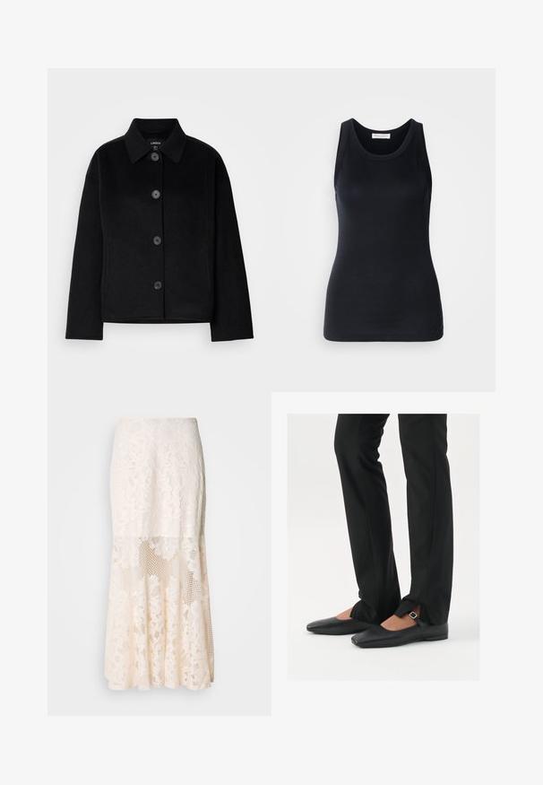 Crna jakna na dugmad s kragnom, izrađena od mekanog materijala. Ima četiri prednja dugmeta, kutni oblik i bočne džepove.; Crna majica bez rukava od mekog, rastezljivog materijala. Ima okrugli izrez i široke naramenice, s prilagođenim krojem i glatkom teksturom.; Krem suknja midi od cvjetne čipke; sadrži slojeviti dizajn s prozirnim dijelovima, teksturiranom čipkom i raširenim rubom.; Crne kožne balerinke s uskim vrhom, trakica sa srebrnom kopčom, u kombinaciji s crnim krojenim hlačama s otvorenim rubom.