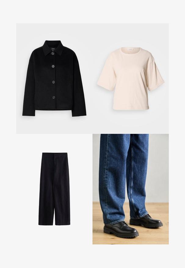 Veste noire à boutons, avec un col, fabriquée dans un matériau doux. Équipée de quatre boutons à l'avant, d'une forme carrée et de poches latérales.; T-shirt à manches courtes beige clair, fabriqué en coton doux. Doté d'un col rond et d'une coupe oversized avec des manches retroussées. Design minimaliste.; Pantalons larges noirs en tissu léger. Dotés d'une taille plate avec une fermeture éclair à l'avant et de poches, adaptés pour un style décontracté ou formel.; Chaussures en cuir noir avec un bout arrondi, un laçage, et une semelle en caoutchouc épaisse et texturée, accompagnées d'un jean en denim bleu à coupe décontractée.