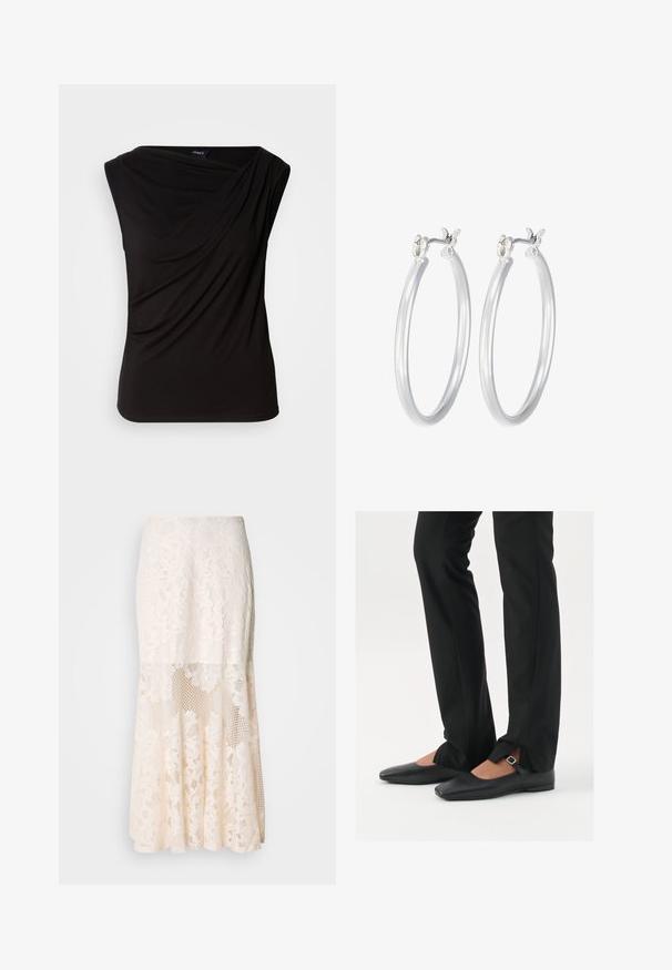 Černá košilová bunda s límcem, vyrobená z měkkého materiálu. Má čtyři přední knoflíky, boxový střih a boční kapsy.; Černý top bez rukávů s drapovanou látkou na přední straně, měkkou strukturou a uvolněným střihem. Vyrobeno z pružného materiálu s hladkým povrchem.; Květinová krajková midi sukně v krémové barvě; obsahuje vrstvený design s průhlednými částmi, texturovanou krajkou a rozšířeným lemem.; Černé kožené baleríny s špičatou špičkou, páskem se stříbrnou sponou, společně s černými kalhotami s úzkým střihem a rozparky na lemech.; Stříbrné kruhové náušnice s hladkým, lesklým povrchem. Kulatý tvar a bezpečné zapínání na klip. Lehký design vhodný pro každodenní nošení.