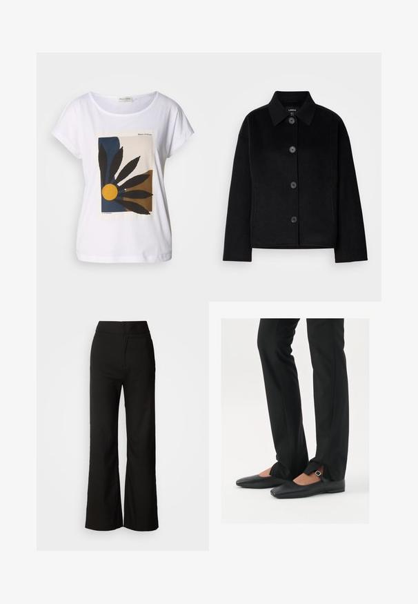 Svart skjortejakke med krage, laget av et mykt materiale. Har fire frontknapper, en boksformet fasong, og sidelommer.; Hvit t-skjorte med et geometrisk design som har svarte blader, en gul sirkel, og blå og brune former på forsiden. Rund hals, korte ermer.; Sorte vidde-bukser med glatt tekstur, høy midje og et rent design. Ingen synlige lommer eller pynt.; Svart skinnballett-sko med spiss tå, stropp med sølvspenne, kombinert med svarte skreddersydde bukser med splitt i kanten.
