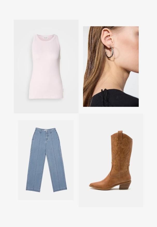 Musta nappikaulus takki, joka on valmistettu pehmeästä materiaalista. Siinä on neljä etupainiketta, laatikkomainen muoto ja sivutaskut.; Vaaleanpunainen, hihaton t-paita, joka on valmistettu pehmeästä puuvillakankaasta. Ominaisuuksiin kuuluu pyöreä pääntie ja tiukka muotoilu, jossa on etiketti sivusaumassa.; Vaaleansiniset leveät farkut, jotka on valmistettu denimistä. Ominaisuuksiin kuuluu korkea vyötärö, nappilukitus ja näkyvät saumat. Etupuolella ei ole näkyviä taskuja.; Ruskean nahkainen cowboy-saapas, jossa on terävä kärki, brodeeratut pyörteiset kuviot varressa ja kerroslohko korko. Varustettu nostonipulla helpottamaan pukemista.; Hopea renkaankorvakoru kiiltävällä pinnalla, jossa on pieniä kultaisia yksityiskohtia ja pyöreä muoto, käytetty korvalla.