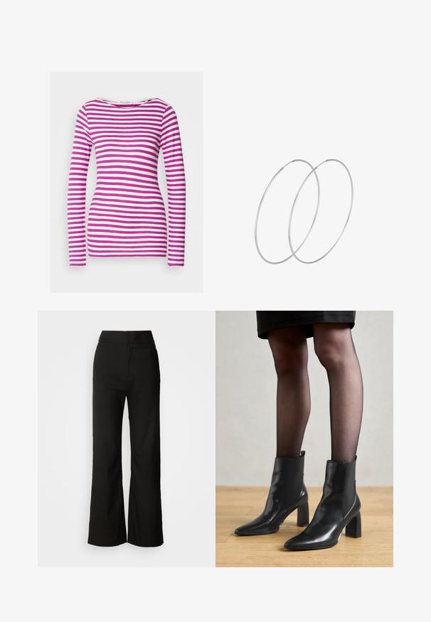 Schwarze Jacke mit Knöpfen und Kragen, aus weichem Material gefertigt. Verfügt über vier vordere Knöpfe, eine kastige Form und seitliche Taschen.; Langarm-T-Shirt mit taillierter Form, aus weicher Baumwolle. Mit horizontalen pink-weißen Streifen und einem weit ausgeschnittenen Hals.; Schwarze weit geschnittene Hosen mit glatter Textur, hoher Taille und klarem Design. Keine sichtbaren Taschen oder Verzierungen.; Schwarze Leder-Ankle-Boots mit spitzer Zehenform, klobigem quadratischem Absatz und schlankem Design. Verfügt über elastische seitliche Einsätze für leichtes An- und Ausziehen.; Silberne Creolen mit minimalistischem Design. Rundform, glatte Oberfläche und dünnes Profil. Leichtgewichtig mit hochglänzender Oberfläche.