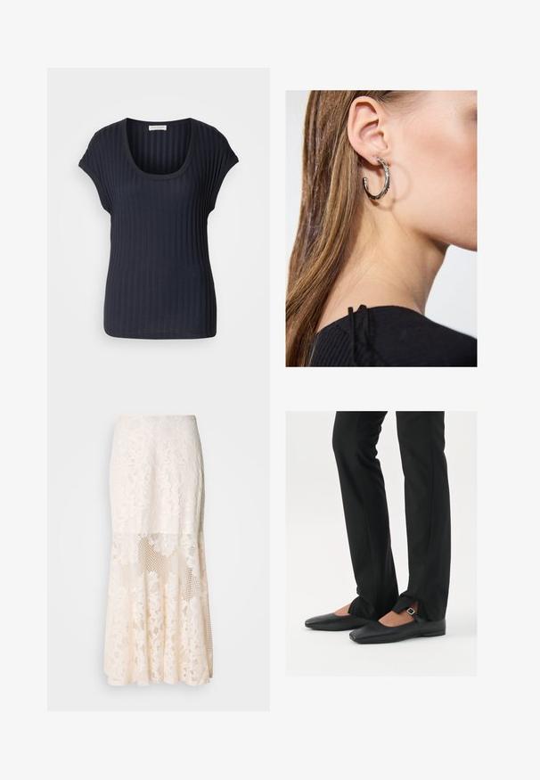 Musta nappikaulus takki, joka on valmistettu pehmeästä materiaalista. Siinä on neljä etupainiketta, laatikkomainen muoto ja sivutaskut.; Tumman merensinisen raidoitetun T-paidan, jossa on avara kaula-aukko ja lyhyet, hihattomat hihat. Valmistettu pehmeästä, joustavasta kankaasta, joka omaa sileän pinnan ja istuvan muodon.; Kermakuvioinen midi-hame; siinä on kerroksellinen rakenne, läpinäkyviä osia, teksturoitua pitsiä ja levenevä helma.; Musta nahkakengät balettityylillä, kärjessä terävä muoto, hihna hopeasoljella, yhdistetty mustiin räätälöityihin housuihin, joissa on halkiohelma.; Hopea renkaankorvakoru kiiltävällä pinnalla, jossa on pieniä kultaisia yksityiskohtia ja pyöreä muoto, käytetty korvalla.