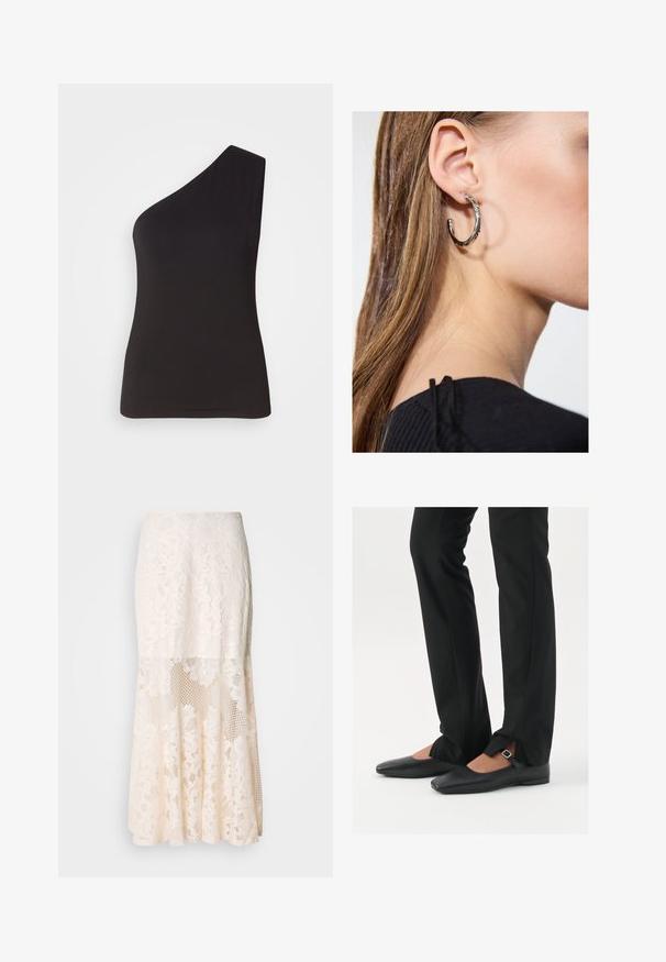 Svart skjortejakke med krage, laget av et mykt materiale. Har fire frontknapper, en boksformet fasong, og sidelommer.; En-skulder svart topp laget av mykt, elastisk materiale; tettsittende design med en slank silhuett og jevn tekstur. Ingen synlige pyntegjenstander.; Blomsterbroderi midi skjørt i krem; har lagd design med gjennomsiktige seksjoner, teksturert blonde og flared kant.; Svart skinnballett-sko med spiss tå, stropp med sølvspenne, kombinert med svarte skreddersydde bukser med splitt i kanten.; Sølv ringøredob med en polert finish, med små gull detaljer og en rund form, båret på øreflippen.
