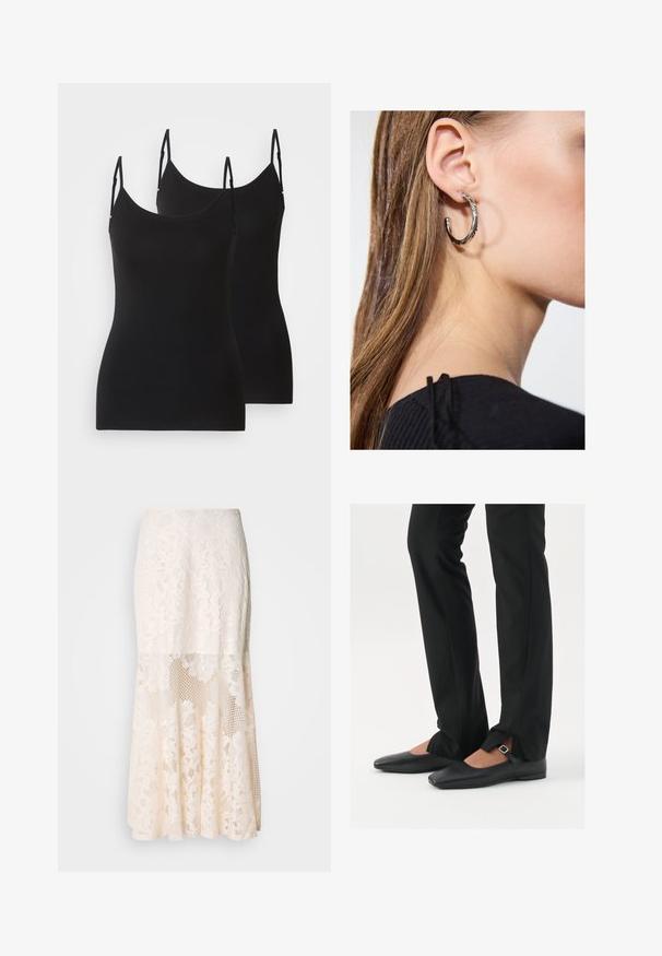Black button-up jacket with a collar, made from a soft material. Features four front buttons, a boxy shape, and side pockets.; Black sleeveless camisoles, made of soft fabric, with adjustable straps and a fitted design. Two pieces shown side by side.; Floral lace midi skirt in cream; features layered design with sheer sections, textured lace, and a flared hem.; Black leather ballet flats with a pointed toe, strap with silver buckle, paired with black tailored pants featuring a slit hem.; Silver hoop earring with a polished finish, featuring small gold accent details and a round shape, worn on the lobe.
