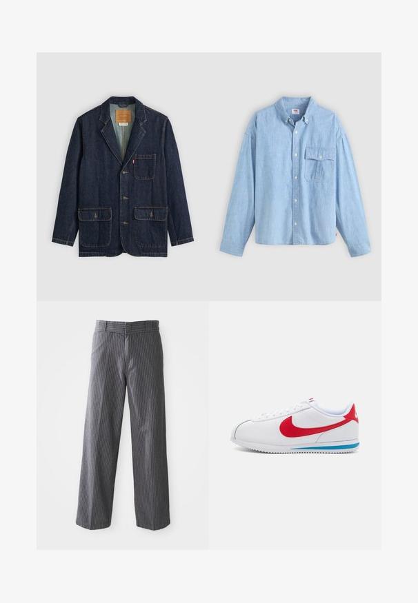 Blazer in denim scuro con rever a punta, tre bottoni, due ampie tasche frontali e una tasca sul petto. Dettagli cuciti e etichetta interna visibili.; Camicia azzurro chiaro con bottoni realizzata in tessuto chambray. Presenta un colletto, maniche lunghe e una tasca sul petto con pattina e bottone.; Pantaloni ampi a righe grigie con passanti per cintura, frontale liscio e orli dritti, mostrati su uno sfondo bianco.; Sneaker bianca con accenti rossi, caratterizzata da una tomaia in pelle liscia, punta tonda e una suola blu. Design con lacci e dettagli di cucitura visibili.