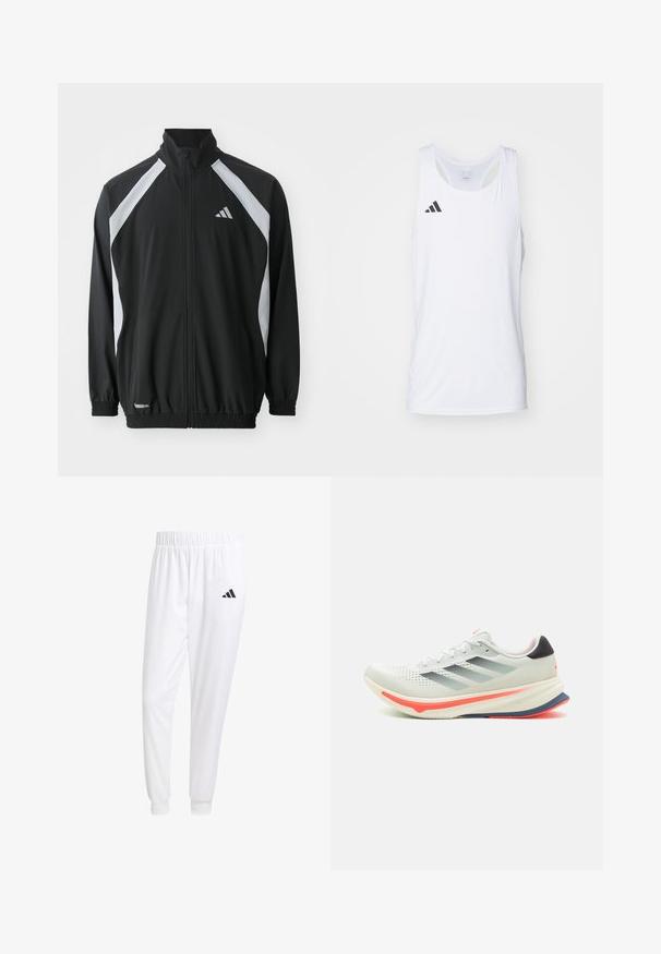 adidas Performance TECH - Sportinė striukė - black/halo silver-coloured; Balta be rankovių sportinė marškinėlių palaidinė, pagaminta iš lengvos medžiagos, su juodu Adidas logotipu kairėje krūtinės pusėje ir apvaliu kaklu.; Balti sportiniai keliaraiščiai, pagaminti iš lygios medžiagos, su elastinga liemene ir priglundančiais rankogaliais, ant galinio kišenės yra juodas logotipas.; adidas Performance SUPERNOVA RISE - Bėgimo batai plentui - crystal jade/carbon/solar red