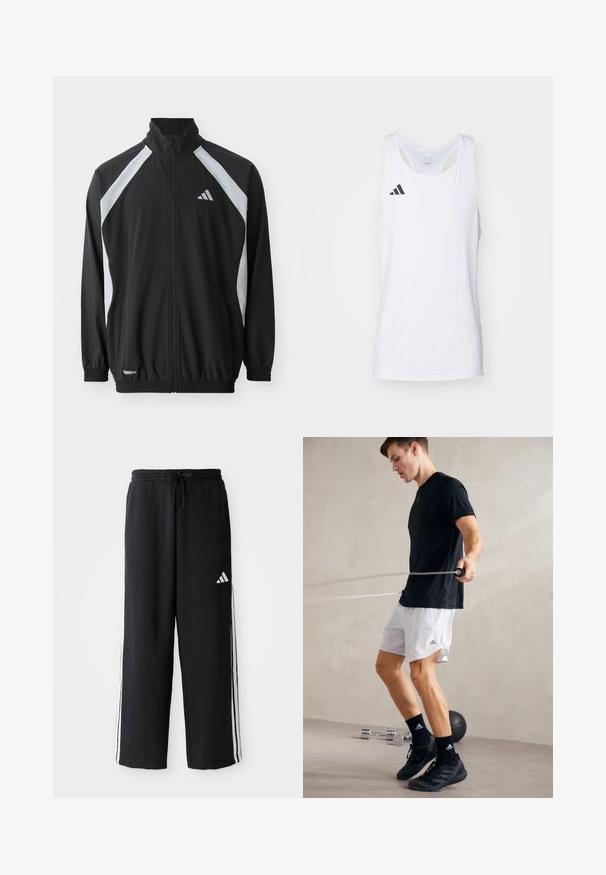 adidas Performance TECH - Trainingsjacke - black/halo silver-coloured; Weißes ärmelloses sportliches Tanktop aus leichtem Stoff, mit schwarzem Adidas-Logo auf der linken Brust und einem runden Ausschnitt.; Schwarze Adidas Jogginghose mit weißen drei Streifen an den Seiten, elastischem Bund mit Kordelzug und Adidas-Logo auf dem rechten Oberschenkel.; Schwarzes Sport-T-Shirt und weiße Shorts mit seitlichen Schlitzen. Die Person springt Seil und trägt schwarze Turnschuhe und Socken auf einem glatten Boden.