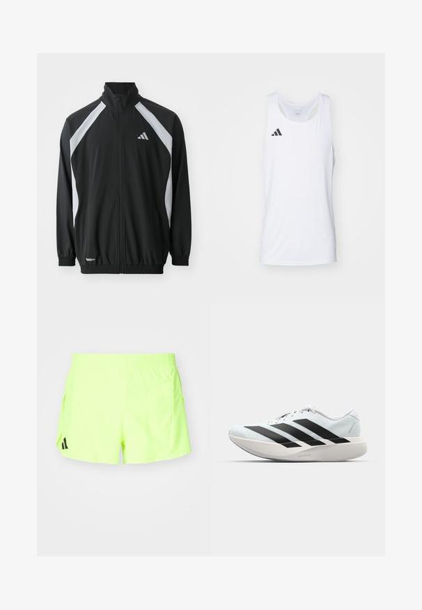 adidas Performance TECH - Training jacket - black/halo silver-coloured; White sleeveless athletic tank top made of lightweight fabric, featuring black Adidas logo on the left chest and a scoop neckline.; Neon yellow athletic shorts with an elastic waistband, side pockets, and a black logo at the lower left. Smooth, lightweight fabric.; Lightweight running shoes in pale blue with black stripes. Features a smooth upper, round toe, and thick white midsole labeled "LIGHTSTRIKE PRO."