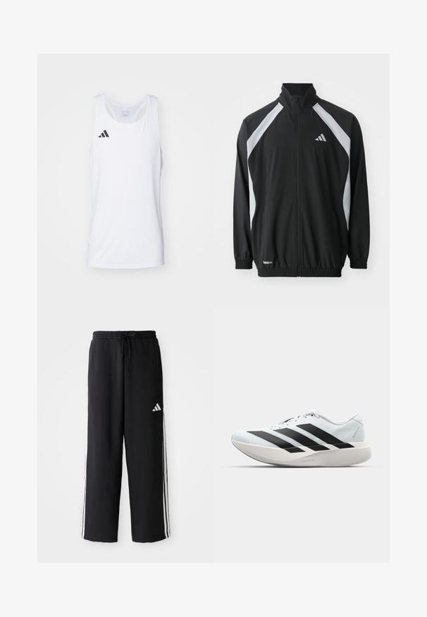 adidas Performance TECH - Giacca sportiva - black/halo silver-coloured; Canotta atletica bianca senza maniche realizzata in tessuto leggero, con il logo Adidas nero sul lato sinistro del petto e scollatura a girocollo.; Pantaloni da track Adidas neri con dettagli a tre strisce bianche sui lati, vita elastica con cordino e logo Adidas sulla coscia destra.; Scarpe da corsa leggere di colore azzurro pallido con strisce nere. Presentano una tomaia liscia, punta rotonda e un'ampia intersuola bianca etichettata "LIGHTSTRIKE PRO."