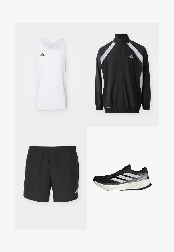 adidas Performance TECH - Training jacket - black/halo silver-coloured; White sleeveless athletic tank top made of lightweight fabric, featuring black Adidas logo on the left chest and a scoop neckline.; Black athletic shorts with an elastic waistband, side slits, and reflective logo accents. Made of lightweight, smooth fabric.; Black athletic shoe with a mesh design, featuring white stripes, a rounded toe, and a textured sole for grip and support.