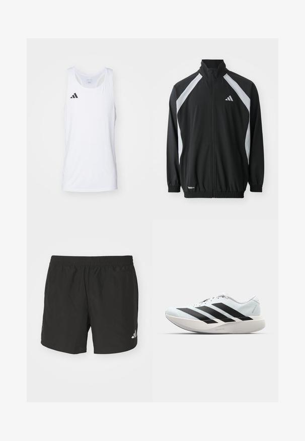 adidas Performance TECH - Training jacket - black/halo silver-coloured; White sleeveless athletic tank top made of lightweight fabric, featuring black Adidas logo on the left chest and a scoop neckline.; Black athletic shorts with an elastic waistband, side slits, and reflective logo accents. Made of lightweight, smooth fabric.; Lightweight running shoes in pale blue with black stripes. Features a smooth upper, round toe, and thick white midsole labeled "LIGHTSTRIKE PRO."