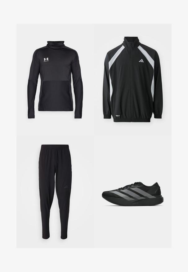 adidas Performance TECH - Casaco de treino - black/halo silver-coloured; T-shirt atlético de manga longa preta com colar alto, tecido texturizado e secções mate contrastantes. Apresenta o logótipo da Under Armour em branco.; Calças atléticas pretas com um cós elástico, design afunilado, bolsos laterais e detalhe discreto do logótipo. Feitas de um tecido flexível e respirável.; Sapatilhas desportivas pretas com um design leve, apresentando três faixas cinzas proeminentes, uma textura suave e uma sola contornada.