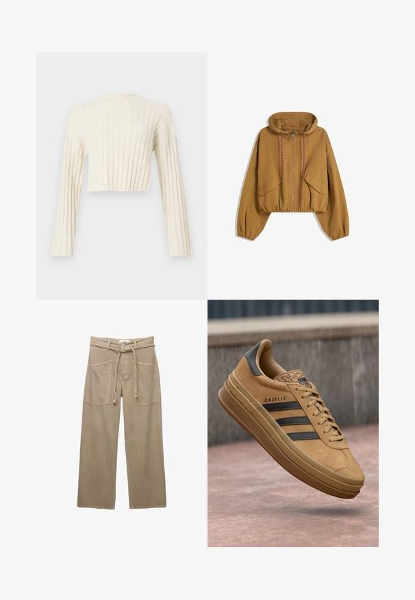 Bruine cropped hooded jacket met een frontale rits, rode en witte trekkoorden, twee klepzakken en elastische manchetten en onderrand.; Geknipt crèmekleurig sweater met verticale ribbelstructuur, lange mouwen en een eenvoudig ronde halsontwerp. Zachte stofafwerking.; Beige wijde broek gemaakt van duurzaam materiaal, met grote voorkzoekers, een gevlochten riem en subtiele stiksels.; Tansuede sneakers met een gladde textuur, voorzien van drie donkere strepen, een ronde neus en een dikkere zool met een gemarmerde rand.