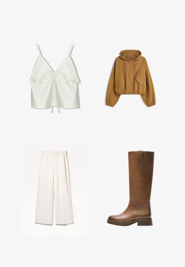 Hnedá skrátená bunda s kapucňou, s predným zipsom, červenými a bielymi šnúrami, dvoma otvorenými vreckami a elastickými manžetami a spodným lemom.; Biely ľanový top s nastaviteľnými ramienkami a hlbokým výstrihom do V. Má volánové detaily v oblasti poprsia, voľný strih a šnúrku v leme.; Biele široké nohavice vyrobené z ľahkého materiálu, s elastickým pásom, šnúrkou a bočnými vreckami bez viditeľných vzorov.; Hnedá kožená vysoká čižma do kolien s okrúhlou špičkou, textúrovaným povrchom a nízkym zúženým podpätkom. Obsahuje postranný panel a pútko na vrchu.