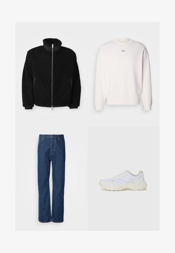 Schwarze Fleece-Jacke mit hohem Kragen, durchgehendem Reißverschluss und gerippten Bündchen. Der Stoff hat ein strukturiertes, fusseliges Aussehen.; Weißes Rundhals sweatshirt aus einem weichen Baumwollgemisch, mit lockerer Passform, gerippten Bündchen und schwarzem "HUGO"-Logo auf der Brust.; Blau-weiße gestreifte Hemd mit Knöpfen, Kragen, einer Brusttasche und langen Ärmeln, aus leichtem Stoff gefertigt.; Blaue Jeans aus Denim mit geradem Bein, ausgestattet mit einem Knopfverschluss, fünf Taschen und kontrastierenden Nähten entlang der Säume.; Weiße Sportschuhe aus Mesh und Wildleder, mit einer strukturierten Zwischensohle, strukturierten Akzenten und dem "HUGO"-Logo an der Seite.