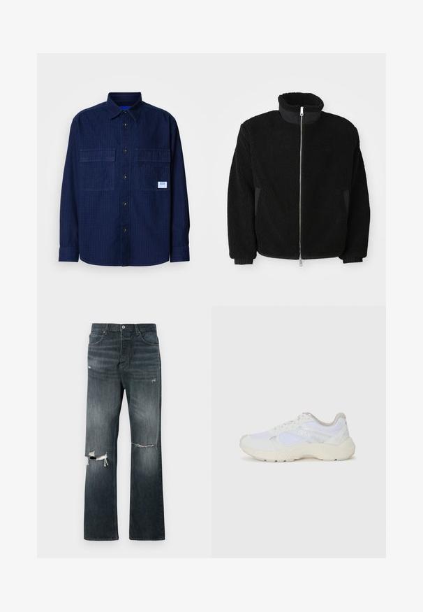 Giacca in pile nera con colletto alto, zip completa e polsini a coste. Il tessuto presenta un aspetto testurizzato e peloso.; Felpa bianca a girocollo realizzata in morbido misto cotone, con una vestibilità rilassata, polsini a coste e logo "HUGO" in nero sul petto.; Camicia button-up a maniche lunghe di colore blu navy con due tasche sul petto e una piccola etichetta bianca sulla tasca destra.; Jeans in denim con lavaggio scuro e fit rilassato, caratterizzati da due strappi alle ginocchia, chiusura con bottone standard e design a cinque tasche.; Scarpe da ginnastica bianche in mesh e suede, con una suola intermedia testurizzata, dettagli testurizzati e il logo "HUGO" sul lato.