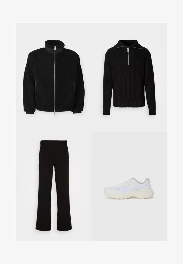 Black fleece jacket featuring a high collar, full zipper, and ribbed cuffs. The fabric has a textured, fuzzy appearance.; Black ribbed sweater with a high collar and short zipper. Features textured fabric and fitted cuffs, providing a structured silhouette.; Black flared pants made of cotton with a smooth texture. Features a flat front and standard waistband without visible hardware.; White athletic shoes made of mesh and suede, featuring a textured midsole, textured accents, and "HUGO" logo on the side.