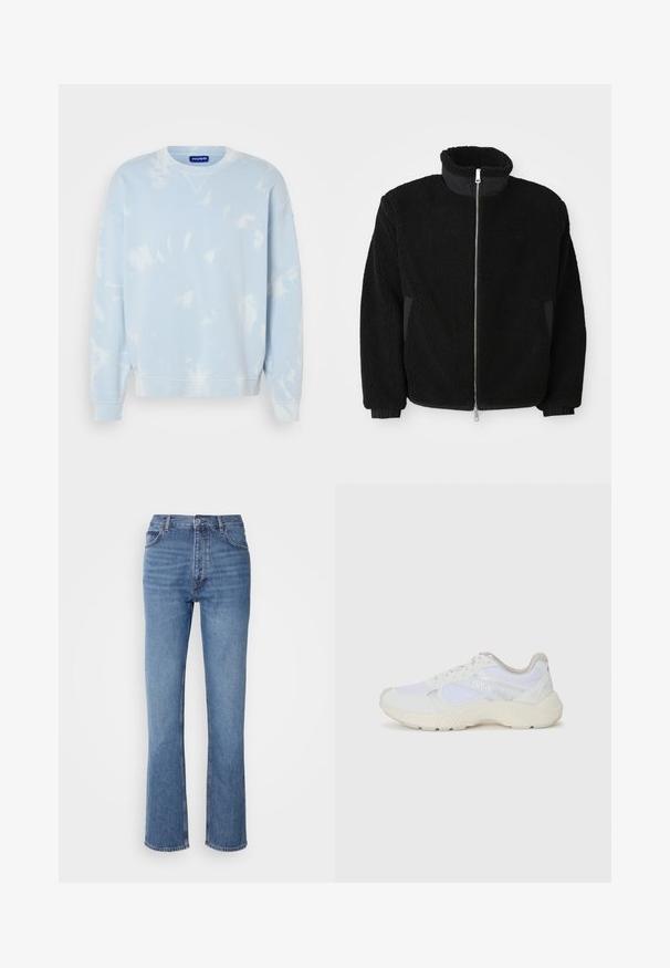 Svart fleecejakke med høy krage, hel glidelås og ribbestrikkede mansjetter. Stoffet har en teksturert, loete utseende.; Lyseblå hettegenser med tie-dye mønster, rund hals og vide ermer. Laget av mykt stoff med ribbestrikkede mansjetter og nederkant.; Blå denimjeans med høy midje, rett ben-design og subtil falming. Har klassisk fem-lomme stil og glidelås lukking.; Hvit idrettssko laget av mesh og skinn, med en teksturert mellomsåle, teksturerte detaljer og "HUGO"-logo på siden.