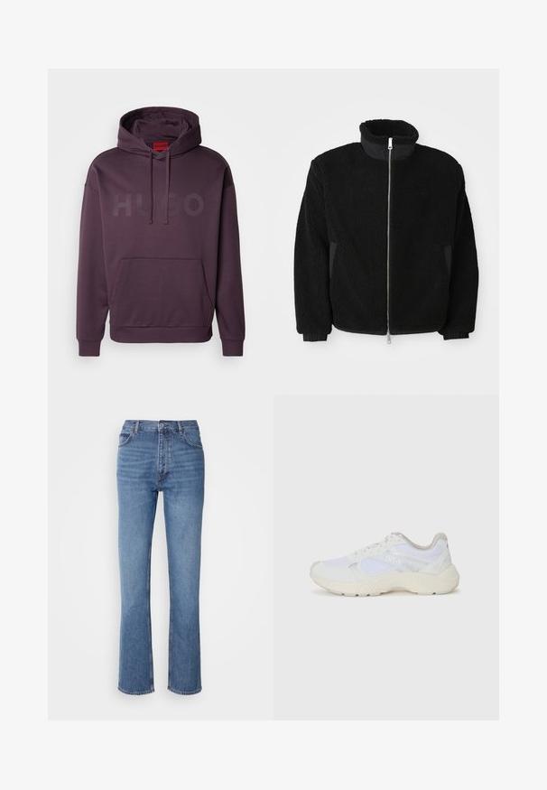 Veste en polaire noire avec un col haut, une fermeture éclair complète et des poignets côtelés. Le tissu a une apparence texturée et duveteuse.; HUGO DITCHLE - Sweat à capuche - open purple; Jean en denim bleu à taille haute, design à jambe droite et décoloration subtile. Présente un style classique à cinq poches et une fermeture éclair.; Baskets de sport blanches en mesh et en daim, avec une semelle intermédiaire texturée, des accents texturés et le logo "HUGO" sur le côté.