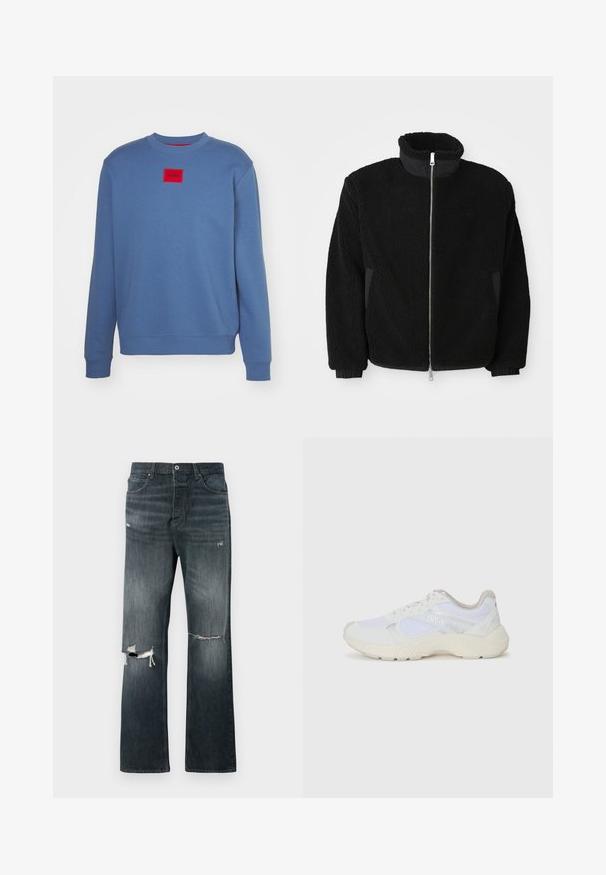 Czarna polarowa kurtka z wysokim kołnierzem, pełnym zamkiem i ściągaczami przy mankietach. Tkanina ma teksturowany, puszysty wygląd.; Niebieska bluza z bawełnianej mieszanki, z okrągłym dekoltem, prążkowanymi mankietami i dołem. Zawiera czerwoną prostokątną naszywkę z logo "HUGO".; Jeans z denimu w ciemnym odcieniu, w luźnym kroju, z dwoma przetarciami na kolanach, standardowym zapięciem na guziki oraz pięcioma kieszeniami.; Białe sportowe buty wykonane z siateczki i zamszu, z teksturowaną podeszwą środkową, teksturowanymi akcentami i logo "HUGO" z boku.