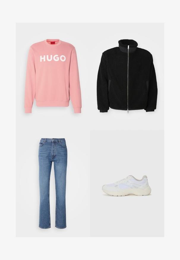 Svart fleecejacka med hög krage, full dragkedja och ribbade ärmavslut. Tyget har en texturerad, lurvigt utseende.; Rosa sweatshirt i bomull med rund halsringning. Har stor vit "HUGO"-logga på framsidan och ribbade muddar.; Blå denimjeans med hög midja, rak bendesign och subtila blekningar. Har klassisk femficksdesign och dragkedja.; Vitaidrottsskor i mesh och mocka med en strukturerad mellansula, texturerade accenter och "HUGO"-logotypen på sidan.
