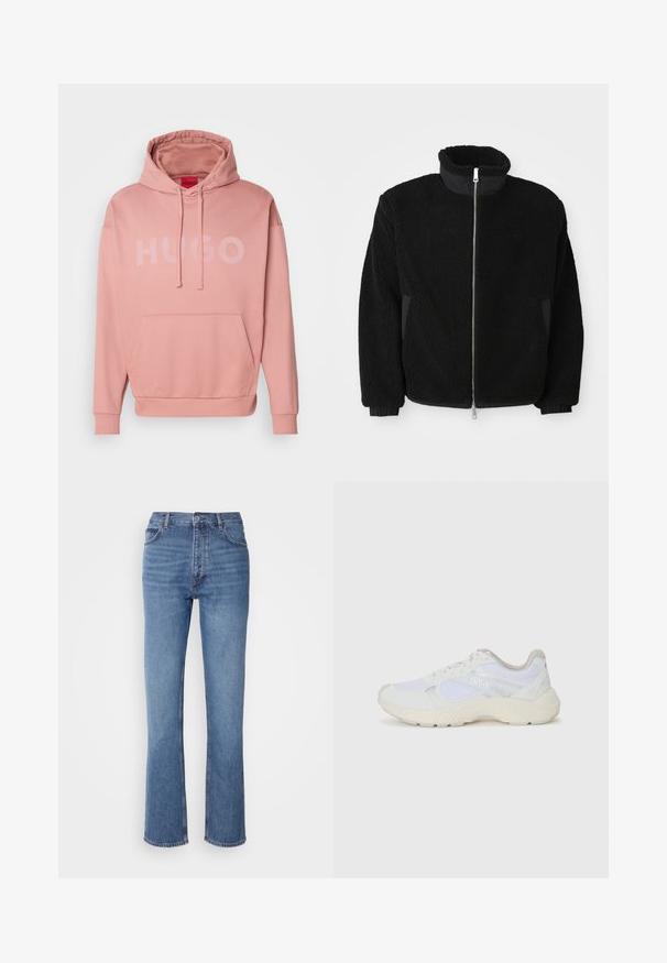 Schwarze Fleece-Jacke mit hohem Kragen, durchgehendem Reißverschluss und gerippten Bündchen. Der Stoff hat ein strukturiertes, fusseliges Aussehen.; Rosa Kapuzenpullover aus weichem Material, mit einer Kängurutasche auf der Vorderseite und großem "HUGO"-Logo in einem helleren Rosaton.; Blaue Denim-Jeans mit hoher Taille, geradem Bein und dezenter Ausbleichung. Verfügt über einen klassischen Fünf-Taschen-Stil und einen Reißverschluss.; Weiße Sportschuhe aus Mesh und Wildleder, mit einer strukturierten Zwischensohle, strukturierten Akzenten und dem "HUGO"-Logo an der Seite.