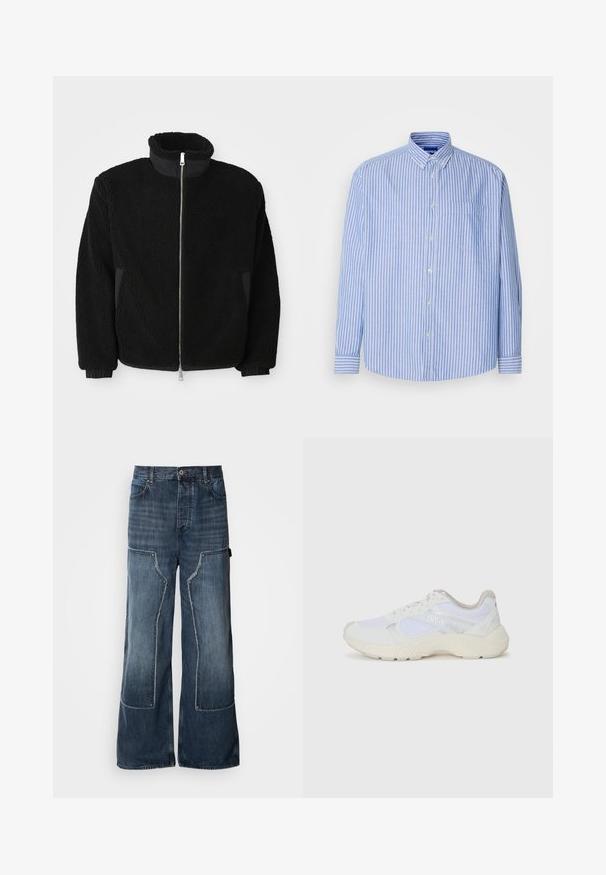 Czarna polarowa kurtka z wysokim kołnierzem, pełnym zamkiem i ściągaczami przy mankietach. Tkanina ma teksturowany, puszysty wygląd.; Niebieska i biała w paski koszula z guzikami, z kołnierzykiem, jedną kieszonką na piersi i długimi rękawami, wykonana z lekkiego materiału.; Luźne niebieskie dżinsowe spodnie z szerokimi nogawkami, z detalami patchworkowymi, kontrastowymi szwami, dużymi kieszeniami bocznymi oraz zapięciem na guzik.; Białe sportowe buty wykonane z siateczki i zamszu, z teksturowaną podeszwą środkową, teksturowanymi akcentami i logo "HUGO" z boku.