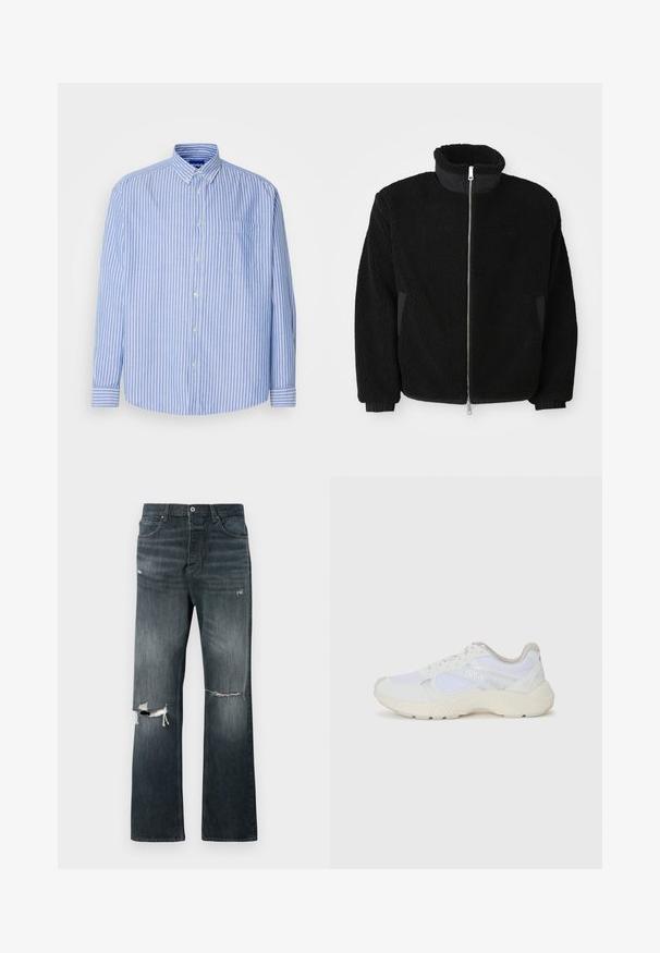 Veste en polaire noire avec un col haut, une fermeture éclair complète et des poignets côtelés. Le tissu a une apparence texturée et duveteuse.; Chemise boutonnée à rayures bleues et blanches avec un col, une poche poitrine, et des manches longues, fabriquée en tissu léger.; Jean en denim délavé foncé avec une coupe décontractée, présentant deux déchirures aux genoux, une fermeture à bouton standard et un design à cinq poches.; Baskets de sport blanches en mesh et en daim, avec une semelle intermédiaire texturée, des accents texturés et le logo "HUGO" sur le côté.