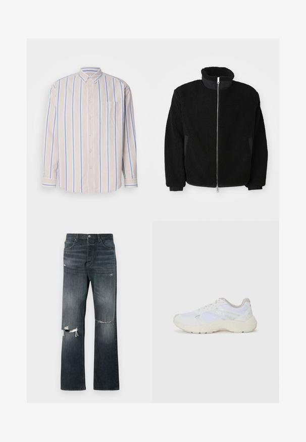 Musthave fleece-jakk, millel on kõrge krae, täispikk tõmblukk ja soonikkoes mansetid. Kangas on tekstuurse ja karvase välimusega.; Nähtavustav särk pehmest puuvillakanga, millel on vertikaalsed beež ja helesinine triibud, pikad varrukad ja üks rinna tasku.; Tume pesu denim teksad mugava lõikega, millel on kaks kulumist põlvedel, standardne nupuvajutus ja viie tasku disain.; Valged sportlikud jalanõud, mis on valmistatud võrkkangast ja seemisnahast, sisaldavad tekstureeritud vahetald, tekstureeritud aktsentide ning küljes oleva "HUGO" logo.