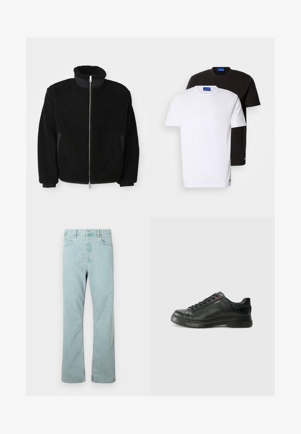 Črna flis jakna z visokim ovratnikom, polnim zadrgo in rebrastimi manšetami. Tkanina ima teksturiran, puhast videz.; Dve majice naložene: ena bela in ena črna. Kratki rokavi, okrogi izrezi, bombažna tkanina. Imajo mali moder logo na izrezu.; Svetlo modri traper hlače s ravnim krojem, pet žepov in enim gumbom za zapiranje. Dodelane s subtilnimi šivi.; Črne usnjene superge z teksturiranim zgornjim delom, podloženim ovratnikom in rdečim logotipom. Imajo debel gumijast podplat z izrazitim vzorcem.