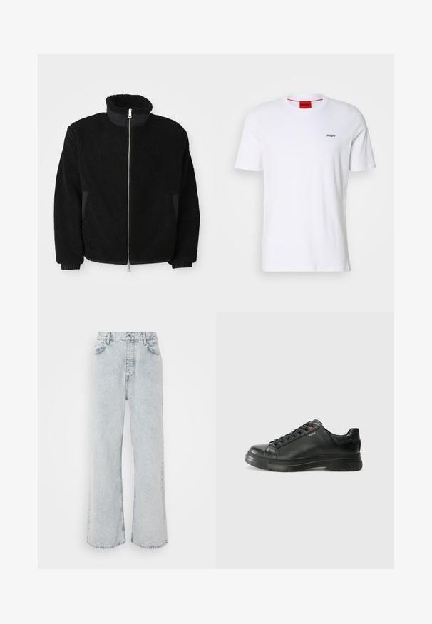 Melnā polāra jakā ar augstu apkakli, pilnu rāvējslēdzēju un ribinātām aprocēm. Audumam ir teksturēta, pūkaina izskata virsma.; Balts kokvilnas T-krekls ar īsām piedurknēm, apaļu kakla izgriezumu un mazu melnu "HUGO" logo kreisajā krūtī. Iezīmēts ar sarkanu iekšējo kakla etiķeti.; Gai zili denima platajiem džinsiem ar augstu vidukli, ar pogu aizdari, piecām kabatām un maigi izbalinātu tekstūru.; Melnas ādas sporta kedas ar teksturētu virsu, mīkstinātu apmalu un sarkanu logotipa detaļu. Iezīmējas ar biezu gumijas zoli ar izteiktu rakstu.