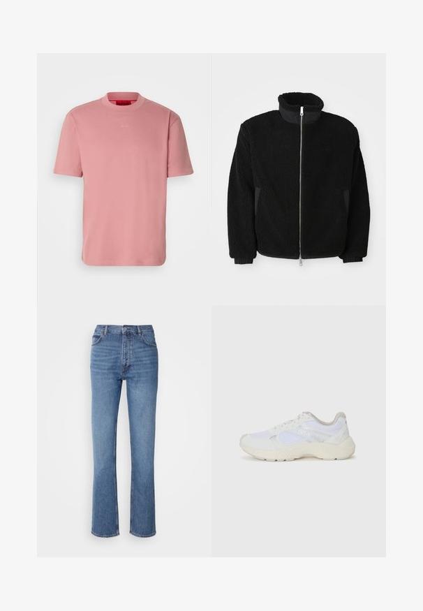 Svart fleecejakke med høy krage, hel glidelås og ribbestrikkede mansjetter. Stoffet har en teksturert, loete utseende.; Rosa bomull T-skjorte med rund hals, korte ermer og en liten hvit logo "HUGO" sentrert på brystet. Jevn tekstur.; Blå denimjeans med høy midje, rett ben-design og subtil falming. Har klassisk fem-lomme stil og glidelås lukking.; Hvit idrettssko laget av mesh og skinn, med en teksturert mellomsåle, teksturerte detaljer og "HUGO"-logo på siden.