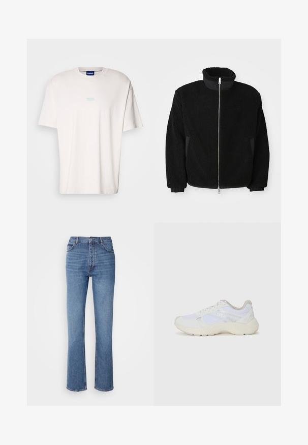 Black fleece jacket featuring a high collar, full zipper, and ribbed cuffs. The fabric has a textured, fuzzy appearance.; White cotton t-shirt with short sleeves, relaxed fit, and a light blue "HUGO" logo printed at the center. Smooth texture, crew neckline.; Blue denim jeans with a high waist, straight-leg design, and subtle fading. Features classic five-pocket styling and a zip fly closure.; White athletic shoes made of mesh and suede, featuring a textured midsole, textured accents, and "HUGO" logo on the side.