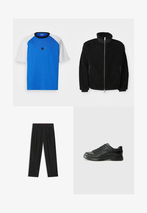 Zwarte fleece jas met een hoge kraag, volledige ritssluiting en geribde manchetten. De stof heeft een gestructureerde, pluizige uitstraling.; Blauwe t-shirt met korte mouwen en grijze raglanmouwen, ronde zwarte kraag en een zwart rond logo op de voorkant. Soepele katoentextuur.; Zwarte broek met een geplooid ontwerp, wijde pijpen en een zachte textuur. Voorzien van een rode taillebandlabel.; Zwarte leren sneaker met een gestructureerde bovenkant, gevoerde kraag en rode logo-details. Heeft een dikke rubberen zool met een opvallend loopvlakpatroon.