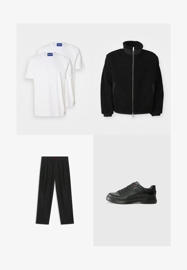 Black fleece jacket featuring a high collar, full zipper, and ribbed cuffs. The fabric has a textured, fuzzy appearance.; White cotton T-shirts featuring crew necks and short sleeves, labeled with blue "HUGO" tags on the necks and small accents on the hem.; Black trousers with a pleated design, wide leg shape, and a smooth texture. Features a red waistband tag.; Black leather sneaker with textured upper, padded collar, and red logo detail. Features a thick rubber sole with distinct tread pattern.