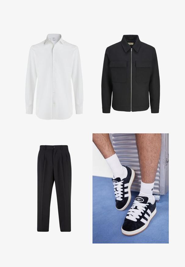 Zwarte ritssluiting jack van gemetalliseerde stof, met een collared nek, twee borstzakken en een rechte zoom.; Witte lange mouwen shirt vervaardigd van glad katoen, met een klassieke kraag, een knoopsluiting aan de voorkant en een afgeronde zoom met aangeknoopte manchetten.; Zwarte broek met een geplooid design aan de voorkant, gemaakt van soepel stof. Voorzien van een knoopsluiting en riemlussen; rechte pasvorm.; Zwarte suède sneakers met witte veters en drie witte strepen. Heeft een cirkelvormig zwart logo op de tong en een gumrubberen zool.