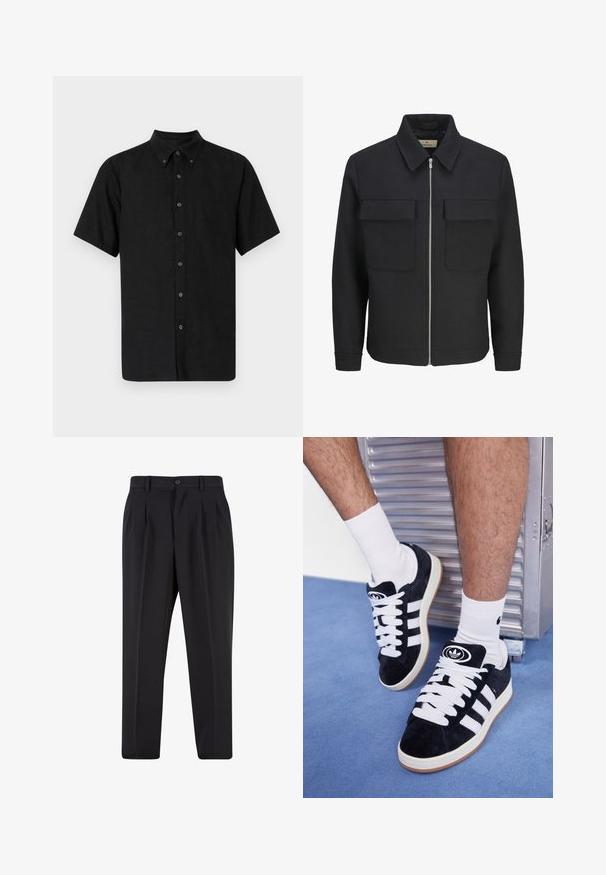 Giacca nera con chiusura frontale a zip, realizzata in tessuto testurizzato, dotata di colletto, due tasche sul petto e orlo dritto.; Camicetta nera a maniche corte con colletto a punta, realizzata in tessuto testurizzato, caratterizzata da bottoni neri che si estendono lungo la parte anteriore.; Pantaloni neri con design a pieghe sul davanti, realizzati in tessuto morbido. Presentano una chiusura con bottone e passanti per cintura; vestibilità a gamba dritta.; Sneakers in suede nero con lacci bianchi e tre strisce bianche. Presentano un logo circolare nero sulla linguetta e una suola in gomma color gomma.