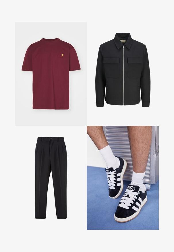 Czarna kurtka zapinana na zamek, wykonana z teksturowanej tkaniny, z kołnierzem, dwoma kieszeniami na piersi i prostym dołem.; Carhartt WIP - T-shirt basic; Czarne spodnie z plisowanym przodem, wykonane z gładkiego materiału. Zapięcie na guzik i szlufki na pasek; prosty krój nogawek.; Czarne zamszowe sneakersy z białymi sznurówkami i trzema białymi paskami. Posiadają okrągłe czarne logo na języku i gumową podeszwę.