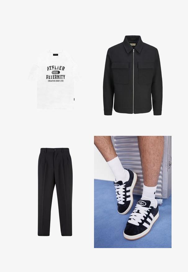 Schwarze Jacke mit Reißverschluss aus strukturiertem Stoff, mit kragenfreiem Hals, zwei Brusttaschen und geradem Saum.; Weißes Baumwoll-T-Shirt mit kurzen Ärmeln, mit schwarzem, abgenutztem Text: "ATELIER 2018 RETERNITY KREATIVDIRECTOR." Schlichte, lockere Passform.; Schwarze Hose mit plissiertem Vorderdesign, aus glattem Stoff gefertigt. Mit Knopfverschluss und Gürtelschlaufen; gerade Passform.; Schwarze Wildledersneaker mit weißen Schnürsenkeln und drei weißen Streifen. Verfügt über ein kreisförmiges schwarzes Logo auf der Zunge und eine Gummisohle.