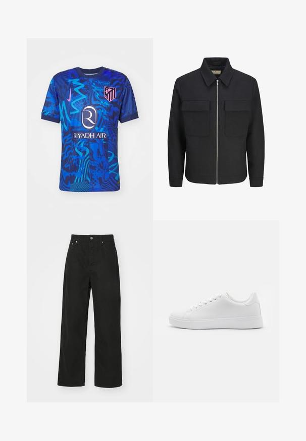 Must musta tõmbluku eest lahtine jope tekstuuriga kangast, millel on kraed, kaks rinna taskut ja sirge ääre.; Nike Performance ATLETICO MADRID M NK DF JSY STAD 3R - Klubiriided - blue void/pink glow; Mustad denim püksid otse säärekujundusega, viie tasku, nööpkinnituse ja klassikalise vöökoha. Sile tekstuur.; Valged jooksujalanõud sileda sünteetilise ülaosa, ümmarguse nina, kuue aukuga paelte jaoks ja madala profiiliga kummist talla, millel on tekstuuritud üksikasjad.