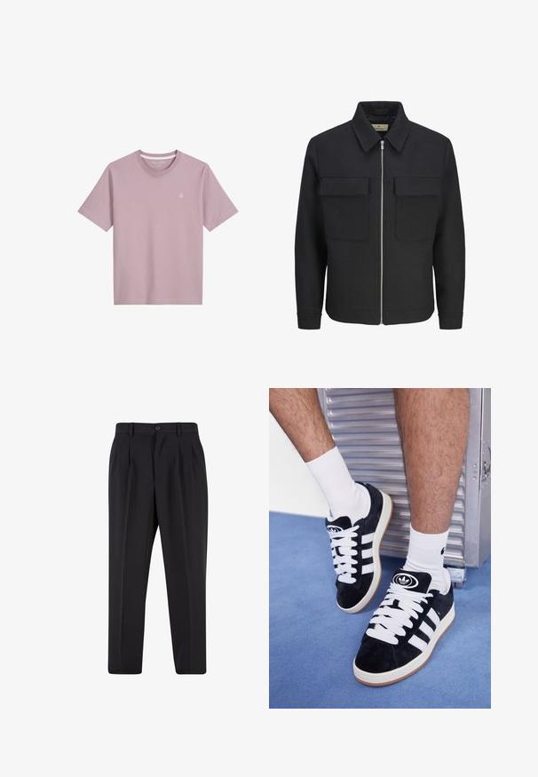 Juoda zip-front striukė pagaminta iš tekstūruotos medžiagos, su apykakle, dviem krūtinės kišenėmis ir tiesiu sijonu.; Šviesiai rožinė trumpomis rankovėmis vyriška marškinėliai, pagaminti iš minkštos medžiagos, su apvalia iškirpte ir mažuoju siuvinėtu logotipu ant krūtinės.; Juodi kelnių su raukšlėtu priekiu dizainu, pagaminti iš lygaus audinio. Su mygtuko užsegimu ir diržo kilpomis; tiesios kojų formos.; Juodos zomšos sportbačiai su baltais raišteliais ir trimis baltais dryžiais. Ant liežuvėlio yra apvalus juodas logotipas, o pado medžiaga – guminė.
