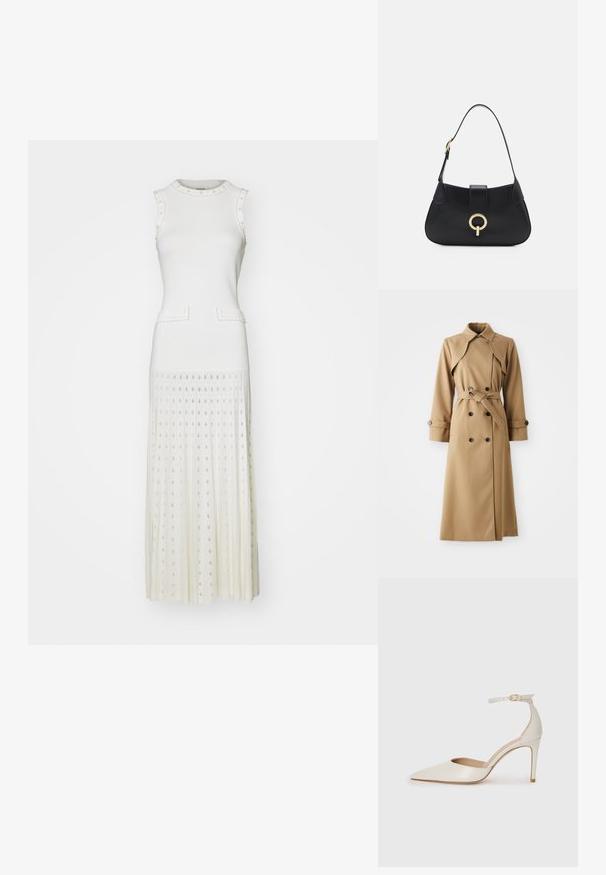 Manteau beige avec des boutons en double boutonnage, un large col, une taille ceinturée et des manches longues. Présente un tissu à motifs et des accents de boutons.; sandro ROBE MIDI DETAILS - Robe pull - ecru; Chaussure à talon haut en cuir blanc avec un bout pointu, une bride de cheville et un talon aiguille fin. Texture lisse avec une finition légèrement brillante.; Sac à main en cuir noir avec une silhouette arrondie, une courte bandoulière, un matériel doré central et une texture lisse. Aucun motif ni accent visible.